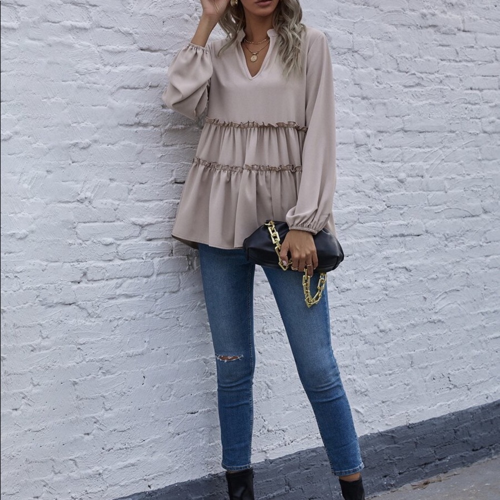 Boho Beige v neck ruffle babydoll long sleeve top - Picture 6 of 15
